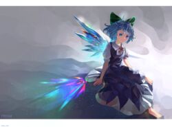  abstract_background barefoot blue_dress blue_eyes blue_hair bow cirno commentary dated dress english_commentary english_text female gradient_background hairbow head_tilt light_particles looking_at_viewer neck_ribbon outstretched_leg pinafore_dress prism puffy_short_sleeves puffy_sleeves red_ribbon ribbon riki6 shirt short_hair short_sleeves signature sitting sleeveless sleeveless_dress smile solo touhou white_shirt wing_collar wings 