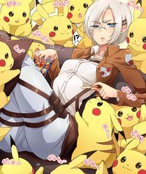  arai_nobu belt blue_eyes breasts commentary_request crossover emblem female food french_fries garrison_regiment_(emblem) glasses hair_ornament hairclip jacket jagariko military military_uniform paradis_military_uniform pikachu pokemon pokemon_(creature) pun raised_eyebrow rico_brzenska rimless_eyewear shingeki_no_kyojin short_hair small_breasts sweatdrop thigh_strap too_many too_many_pikachu uniform white_hair 