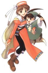  1990s_(style) 1boy :d atelier_(series) atelier_elie black_legwear bow brown_eyes brown_hair cape dress elfir_traum female full_body green_hat hat hat_bow looking_at_viewer official_art open_mouth orange_dress orange_hat pantyhose retro_artstyle robe short_hair signature simple_background size_difference smile white_background white_bow yamagata_isaemon yellow_cape yousei_(atelier_elie) 