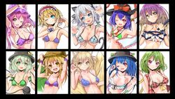  6+girls :d ;d absurdres alice_margatroid alternate_costume animal_ears arm_garter armpits arms_up ascot backlighting bad_id bad_pixiv_id bare_arms bell belt bikini bikini_top_lift bikini_top_only blonde_hair blue_bikini blue_eyes blue_hair blush bow braid breasts cat_ears cat_tail censored choker cleavage clothes_lift collar collarbone convenient_censoring fake_animal_ears flat_chest flower food fox_ears fox_tail frills front-tie_bikini_top front-tie_top fruit gradient_hair green_bikini green_eyes green_hair hair_ribbon hairband hat hat_bow heart heart_hands highres hijiri_byakuren hinanawi_tenshi izayoi_sakuya kazami_yuuka kitsune komeiji_koishi kyuubi large_breasts leaf_umbrella lolita_hairband long_hair looking_at_viewer maid_headdress micro_bikini midriff moriya_suwako multicolored_hair multiple_girls multiple_tails nagae_iku navel neck_bell one_eye_closed open_clothes open_mouth open_vest peach pink_eyes pink_hair plaid plaid_bikini purple_bikini purple_hair red_bikini red_eyes revision ribbon saigyouji_yuyuko shawl short_hair simple_background smile standing sunflower swimsuit tail third_eye touhou triangular_headpiece twin_braids underboob upper_body velia vest wardrobe_malfunction white_background white_bikini white_hair wrist_cuffs yakumo_ran yellow_eyes 