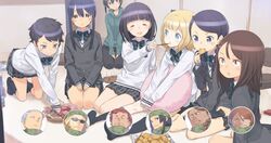  6+girls :&gt; :d ^_^ anna_(sao) annaka_moe bandana black_hair blonde_hair blue_eyes blue_hair blush bow bowtie braid brown_eyes brown_hair camouflage cardigan chips_(food) closed_eyes controller dark-skinned_female dark_skin drink dual_persona eating eva_(sao) feeding flower food freckles fujisawa_kana glass grey_eyes grey_hair hair_between_eyes hair_flower hair_ornament hair_ribbon hairpin highres holding holding_pillow indoors kohiruimaki_karen kuroboshi_kouhaku kusunoki_risa leaning_forward lips long_hair lossy-lossless messy_hair milana_sidorova military military_uniform multiple_girls nitobe_saki noguchi_shiori novel_illustration official_art open_mouth pants pillow plaid plaid_skirt plate pleated_skirt pocky potato_chips red_hair remote_control ribbon roza_(sao) rug school_uniform seiza short_hair sidelocks sitting skirt smile snack sophie_(sao) spoilers sunglasses sweater sword_art_online sword_art_online_alternative:_gun_gale_online tanya_(sao) toma_(sao) tray triangle_mouth turtleneck turtleneck_sweater twin_braids uniform watching_television wavy_mouth 