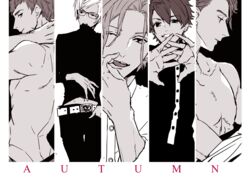  5boys ;d a3! back belt collarbone commentary_request dimples_of_venus furuichi_sakyou fushimi_omi grin hip_focus hyodou_juuza kitazawa_k looking_at_viewer male_focus multiple_boys nanao_taichi one_eye_closed open_mouth parted_lips pectorals settsu_banri short_hair smile tongue tongue_out topless_male undressing upper_body 