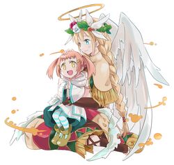  2girls :d angel angel_wings archangel_(p&amp;d) bad_id bad_pixiv_id blonde_hair blue_eyes blush braid capelet dress feathered_wings flower hair_ornament hairclip halo hand_on_another&#039;s_head head_wreath leaf long_hair maromi_(am97) multiple_girls open_mouth own_hands_together pantyhose pink_hair puzzle_&amp;_dragons red_flower red_rose rose single_braid sitting smile striped_clothes striped_pantyhose tinnin toeless_legwear twintails white_flower white_rose white_wings wings yellow_eyes 