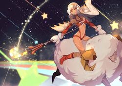  altera_(fate) altera_the_santa_(fate) bare_shoulders breasts choker collarbone commentary_request dark-skinned_female dark_skin detached_sleeves earmuffs fate/grand_order fate_(series) female full-body_tattoo highres holding holding_weapon legs looking_at_viewer midriff mittens navel photon_ray_(fate) rainbow red_eyes red_footwear revealing_clothes riding sanshouuo sheep short_hair small_breasts solo star_(sky) tattoo thighs weapon white_hair 