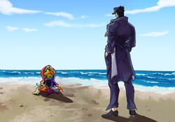  1boy beach black_hair bonobono bonobono_(character) chains commentary_request crossover day gakuran halu-ca hands_in_pockets hat jojo_no_kimyou_na_bouken kujo_jotaro otter outdoors school_uniform starfish too_many 