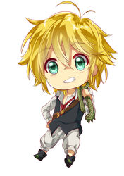  1boy black_vest blonde_hair boots chibi green_eyes grin light_background male_focus meliodas nanatsu_no_taizai open_mouth shirt shoes short_hair simple_background smile teeth tie vest white_background white_shirt 