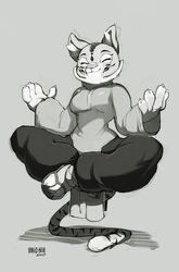  2017 anthro clothed clothing dwarfism eastern exercise felid female green_eyes hi_res lao_tian_(character) maiz-ken mammal monochrome muscular muscular_anthro muscular_female pantherine short signature simple_background smile solo stripes tales_of_the_ashes_(series) tiger white_background 