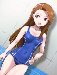  brown_hair commentary_request covered_navel female flat_chest hairband hand_on_own_hip idolmaster idolmaster_(classic) long_hair minase_iori muhi11234 old_school_swimsuit one-piece_swimsuit open_mouth red_eyes school_swimsuit solo swimsuit 