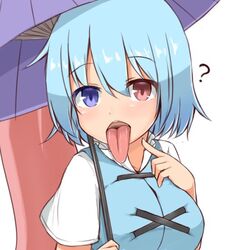  ? aqua_hair aqua_vest blue_eyes breasts commentary_request female finger_to_mouth garasuita heterochromia holding holding_umbrella karakasa_obake large_breasts long_tongue looking_at_viewer open_mouth red_eyes shirt short_hair short_sleeves simple_background solo tatara_kogasa teeth tongue tongue_out touhou umbrella upper_body upper_teeth_only vest white_background white_shirt 