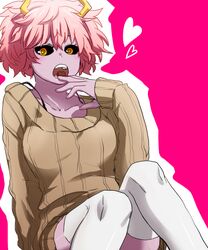  :o ashido_mina bad_id bad_pixiv_id black_sclera boku_no_hero_academia collarbone colored_sclera colored_skin female heart horns knees_together_feet_apart open_mouth pink_hair pink_skin short_hair sitting solo sweater thighhighs white_thighhighs yagiushi_(sinnpatilove) yellow_eyes 