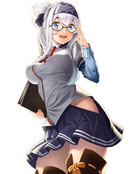  :d black-framed_eyewear blue_eyes blue_headband blue_sailor_collar blue_shirt blue_skirt commentary_request cosplay female folded_ponytail glasses headband hip_vent holding kamoi_(kancolle) kantai_collection long_hair long_sleeves looking_at_viewer ooyodo_(kancolle) ooyodo_(kancolle)_(cosplay) open_mouth pleated_skirt sailor_collar shirt simple_background skirt smile solo unowen white_background white_hair 