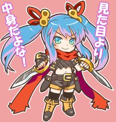  &gt;:) aqua_eyes black_legwear blue_hair boots chibi commentary_request dagger dual_wielding female hair_ornament holding kaneko_shin&#039;ya kanpani_girls knife navel pink_background pulum_ekroos red_scarf scarf shorts sidelocks smile stomach translation_request twintails v-shaped_eyebrows weapon 