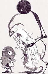  2girls alice_(deemo) character_request commentary_request deemo deemo_(character) frills height_difference holding lestored_cro long_hair looking_at_another monochrome multiple_girls o_o stuffed_animal stuffed_toy white_hair witch&#039;s_invitation_(deemo) 