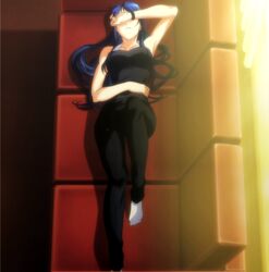  blue_hair feet grisaia_(series) grisaia_no_kajitsu grisaia_no_rakuen highres kusakabe_asako long_hair lying no_shoes solo stitched 