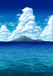  bad_id bad_pixiv_id blue_theme cloud day island kantai_collection monochrome mountain no_humans ocean outdoors scenery sky sumeragi_seisuke water waves 