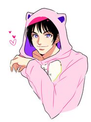  1boy animal_ears bad_id bad_pixiv_id black_hair fake_animal_ears genderswap_(ftm) higashikata_daiya hood hoodie jojo_no_kimyou_na_bouken jojolion male_focus matcha_cream_v purple_eyes rule_63 solo 