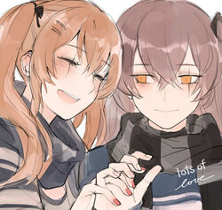  2girls blush brown_hair closed_eyes commentary creamyghost english_text girls&#039;_frontline hands highres holding_hands multiple_girls nail_polish official_alternate_costume scar scarf smile striped_clothes striped_scarf striped_sweater sweater twintails ump45_(&quot;just_this_time.&quot;)_(girls&#039;_frontline) ump45_(girls&#039;_frontline) ump9_(&quot;am_i_late?&quot;)_(girls&#039;_frontline) ump9_(girls&#039;_frontline) 