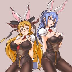  2girls animal_ears between_breasts blue_eyes blue_hair blush book bow braid breast_suppress breasts brown_eyes cleavage commentary_request detached_collar draph fake_animal_ears glasses gloves granblue_fantasy hairbow highres horns large_breasts light_brown_hair long_hair looking_at_viewer multiple_girls namari_fudetarou necktie necktie_between_breasts open_mouth pantyhose playboy_bunny pointy_ears rabbit_ears sarya_(granblue_fantasy) smile therese_(granblue_fantasy) white_gloves 