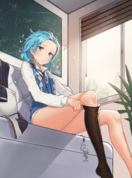  adjusting_clothes adjusting_legwear aliceblue aqua_hair black_thighhighs blue_eyes blue_hair blue_necktie blush chalkboard collared_shirt commentary_request day equation feet_out_of_frame female highres honkai_(series) honkai_impact_3rd indoors jacket jewelry lieserl_albert_einstein light_particles long_sleeves looking_at_viewer lounge necklace necktie open_mouth panties plant potted_plant shirt short_hair sitting solo sunlight sweater_vest thighhighs thighs underwear unworn_jacket unworn_jewelry wavy_hair white_panties white_shirt window window_blinds 