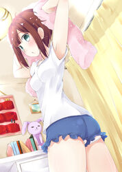  artist_request ass kousaka_yukiho love_live!_school_idol_project panties red_hair shorts stuffed_toy upshorts 