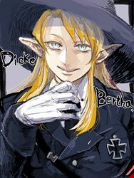  blonde_hair blue_eyes character_name commentary_request cross dicke_bertha enigma_(nig69) female german_text gloves grin hat iron_cross kutsuzure_sensen long_hair military military_uniform necktie personification pointy_ears sharp_teeth slit_pupils smile solo teeth translated uniform white_gloves witch_hat 