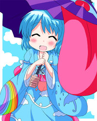  ^_^ alternate_costume blue_hair blue_sky closed_eyes cloud commentary_request female geetsu japanese_clothes karakasa_obake open_mouth purple_umbrella rainbow_print short_hair sky smile solo tatara_kogasa touhou umbrella umbrella_print 