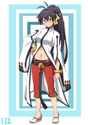  &gt;:) antenna_hair bangle bell belt black_hair black_panties blazblue blush bracelet breasts candy capri_pants closed_mouth commentary_request cosplay fang_out female food full_body ganaha_hibiki glasses hair_between_eyes hair_ribbon hand_on_own_hip head_tilt highres holding holding_phone idolmaster idolmaster_(classic) jewelry jingle_bell kokonoe_(blazblue) kokonoe_(blazblue)_(cosplay) lollipop long_hair looking_at_viewer medium_breasts mouth_hold naginoya navel oerba_yun_fang panties pants phone ponytail red_pants ribbon rimless_eyewear sandals shirt shoes smile solo standing underwear v-shaped_eyebrows very_long_hair white_footwear white_shirt yellow_ribbon 