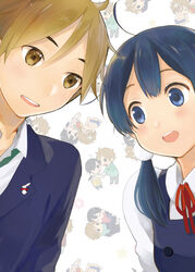  1boy black_hair brown_eyes brown_hair collaboration commentary_request couple female kitashirakawa_tamako long_hair miton_(ton321) momose_(oqo) ooji_mochizou school_uniform short_hair straight tamako_market twintails 