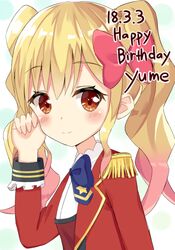  aikatsu!_(series) aikatsu_stars! bad_id bad_pixiv_id blonde_hair blue_bow blue_bowtie blush bow bowtie brown_eyes closed_mouth epaulettes female hair_between_eyes hairbow hand_up happy_birthday jacket long_hair long_sleeves looking_at_viewer looking_to_the_side nijino_yume open_clothes open_jacket pink_bow polka_dot polka_dot_background red_jacket s4_uniform shirt smile solo sutei_(xfzdarkt) twintails white_background white_shirt 