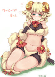  animal_ears bad_id bad_pixiv_id bell black_shorts blonde_hair breasts crop_top dated elbow_gloves female gloves green_eyes horns kneehighs medium_breasts midriff monster_girl_encyclopedia navel sheep_ears sheep_girl sheep_horns short_hair shorts sitting smile socks solo tinpam translated weresheep wool 