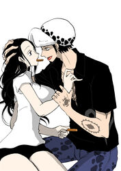  artist_request black_hair couple facial_hair female goatee hat light_background long_hair nico_robin one_piece open_mouth short_hair simple_background tattoo tongue trafalgar_law white_background 