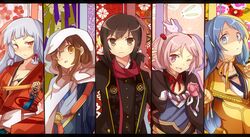  5girls aqua_hair bad_id bad_pixiv_id black_hair blue_hair blunt_bangs brown_eyes brown_hair cloak column_lineup cosplay fubuki_(kancolle) hachisuka_kotetsu hachisuka_kotetsu_(cosplay) hair_bobbles hair_ornament hair_ribbon inazuma_(kancolle) japanese_clothes kantai_collection kasen_kanesada kasen_kanesada_(cosplay) kashuu_kiyomitsu kashuu_kiyomitsu_(cosplay) kimono long_hair looking_at_viewer matryoshka_(borscht) military military_uniform multiple_girls murakumo_(kancolle) mutsu-no-kami_yoshiyuki mutsu-no-kami_yoshiyuki_(cosplay) one_eye_closed pink_eyes pink_hair rabbit red_eyes ribbon samidare_(kancolle) sazanami_(kancolle) scarf shaded_face short_hair sidelocks touken_ranbu twintails uniform yamanbagiri_kunihiro yamanbagiri_kunihiro_(cosplay) yukata 