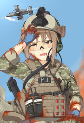  a-10_thunderbolt_ii aircraft airplane american_flag assault_rifle ayyh bad_id bad_pixiv_id blood brown_eyes brown_hair building camouflage commentary_request female fire firing from_below glasses gloves gun gun_sling hand_on_own_head headset helmet highres load_bearing_vest looking_down magazine_(weapon) military military_uniform oerba_yun_fang open_mouth original out_of_frame rifle sky smoke soldier solo_focus sweat tourniquet uniform united_states war weapon 