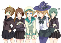  5girls ahoge animal animal_on_head arrow_(symbol) bird black_skirt blonde_hair blue_eyes cha_(kancolle) chick commentary_request compass cowboy_shot error_musume girl_holding_a_cat_(kancolle) green_eyes green_hair hand_on_own_hip hat hiyoko_(kancolle) humanization kantai_collection long_hair long_sleeves looking_at_viewer majokko_(kancolle) midori_(kancolle) multiple_girls neckerchief on_head pantyhose pleated_skirt rashinban_musume sailor_collar sailor_hat school_uniform serafuku short_hair skirt stuffed_animal stuffed_rabbit stuffed_toy sukitsukasa twintails white_background white_skirt witch_hat 