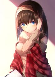  adjusting_hair bad_id bad_pixiv_id bare_shoulders blue_eyes book brown_hair brown_sweater commentary_request cotrpopor female hair_between_eyes hairband idolmaster idolmaster_cinderella_girls long_hair looking_at_viewer open_book plaid ribbed_sweater sagisawa_fumika sitting sweater 