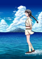  afloat bad_id bad_pixiv_id black_eyes black_hair braid cloud day female from_side full_body island kantai_collection kitakami_(kancolle) long_hair ocean outdoors pleated_skirt school_uniform serafuku single_braid skirt sky solo sumeragi_seisuke water wind 