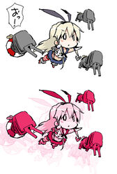  0_0 afterimage anchor_hair_ornament animal_ears blonde_hair cannon commentary_request fake_animal_ears female gundam gundam_00 hair_ornament hairband kantai_collection lifebuoy long_hair midriff navel photoshop_(medium) pleated_skirt rabbit_ears rensouhou-chan sailor_collar shimakaze_(kancolle) skirt solo striped_clothes striped_thighhighs suka swim_ring thighhighs trans-am translated 