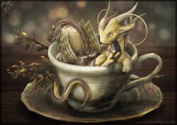  asian_mythology bath beverage container cup dragon east_asian_mythology eastern_dragon fur furniture happy horn lovelover mythological_creature mythological_scalie mythology paws plate scalie table tea tongue 