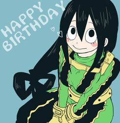  asui_tsuyu bad_id bad_pixiv_id black_eyes black_hair blue_background bodysuit boku_no_hero_academia eyelashes female gloves green_bodysuit hair_rings happy_birthday heart long_hair low-tied_long_hair simple_background smile solo yagiushi_(sinnpatilove) 