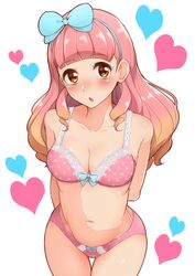  :o aikatsu!_(series) aikatsu_friends! arms_behind_back blue_bow blue_hairband blunt_bangs blush bow bow_bra bow_panties bra breasts cleavage collarbone commentary_request cowboy_shot female gradient_hair hairband hairbow head_tilt heart hip_focus lace lace-trimmed_bra lace_trim leaning_forward long_hair looking_at_viewer medium_breasts multicolored_hair navel orange_eyes panties partial_commentary pink_bra pink_hair pink_panties simple_background solo thigh_gap thighs tyranu underwear underwear_only white_background yuki_aine 