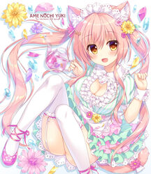  :d ameto_yuki animal_ear_fluff animal_ears ankle_lace-up apron ass blush bow breasts brown_eyes cat_cutout cat_ears cat_girl cat_tail cleavage cleavage_cutout clothing_cutout commentary_request cross-laced_footwear dress female fingernails flower hair_between_eyes hair_ornament hands_up highres holding large_breasts light_brown_hair long_hair macaron_(ameto_yuki) maid maid_headdress open_mouth original petals pink_flower pink_footwear puffy_short_sleeves puffy_sleeves purple_flower short_sleeves sidelocks smile solo striped_clothes striped_dress tail tail_bow tail_flower tail_ornament thighhighs twintails vertical-striped_clothes vertical-striped_dress very_long_hair waist_apron water_drop white_apron white_background white_bow white_thighhighs wrist_cuffs yellow_flower 