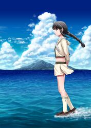  afloat bad_id bad_pixiv_id black_eyes black_hair braid cloud day female island kantai_collection kitakami_(kancolle) long_hair ocean outdoors pleated_skirt school_uniform serafuku single_braid skirt sky solo sumeragi_seisuke water 