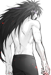  1boy back black_hair light_background long_hair male_focus monochrome naruto simple_background smile solo uchiha_madara white_background 