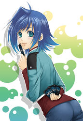  1boy ahoge ass blue_eyes blue_hair blush card cardfight!!_vanguard commentary_request male_focus mr-gt sendou_aichi smile solo 