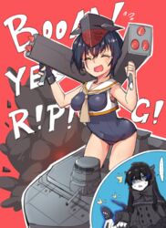  ... 2girls ^^^ abyssal_ship asymmetrical_hair bad_id bad_pixiv_id black_hair blush bow bowtie breasts closed_eyes commentary dual_wielding framed_breasts gloves hair_between_eyes hat headphones holding holding_weapon i-13_(kancolle) kantai_collection medium_breasts military military_vehicle motor_vehicle multiple_girls northernmost_landing_princess open_mouth partially_fingerless_gloves rocket_launcher sailor_collar school_swimsuit short_hair single_glove smile special_type_2_launch_ka-mi spoken_ellipsis swimsuit tank tearing_up tears weapon wulazula 