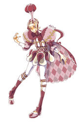  androgynous argyle_cape argyle_clothes blonde_hair cape character_name commentary_request flower gender_request hat highres looking_at_viewer multicolored_hair personification pink_cape pink_eyes pink_footwear pink_hair pokemon puffy_sleeves red_legwear slurpuff solo standing tongue tongue_out two-tone_hair uzou 