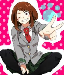  bad_id bad_pixiv_id black_pantyhose blush_stickers bob_cut boku_no_hero_academia brown_eyes brown_hair female green_skirt grin indian_style long_sleeves looking_at_viewer necktie one_eye_closed pantyhose pleated_skirt school_uniform short_hair sidelocks sitting skirt smile solo u.a._school_uniform uraraka_ochako v yagiushi_(sinnpatilove) 