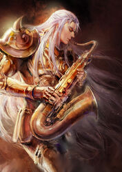  1boy armor commentary_request fooltown gold_armor gold_saint instrument long_hair male_focus music photoshop_(medium) playing_instrument saint_seiya saint_seiya:_the_lost_canvas saxophone solo taurus_hasgard tenor_saxophone white_hair 