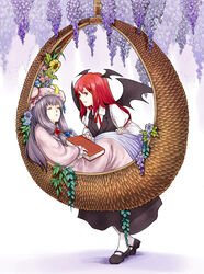  2girls bat_wings book bow commentary_request crescent flower hat head_wings koakuma long_hair mary_janes multiple_girls night_clothes patchouli_knowledge photoshop_(medium) purple_hair red_eyes red_hair ribbon semei_(skylarkmei) shoes sleeping touhou wings wisteria 