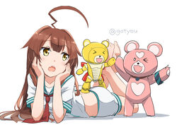  &gt;_&lt; &gt;_o :o ahoge aoki_hagane_no_arpeggio ass barefoot bear beargguy_iii blush bracelet breasts brown_hair closed_eyes commentary_request elbow_rest female gotyou gundam gundam_build_fighters hands_on_own_cheeks hands_on_own_face heart high_five huge_ahoge jewelry kantai_collection kirishima_(aoki_hagane_no_arpeggio) kuma_(kancolle) long_hair looking_to_the_side lying midriff neckerchief no_legwear oerba_yun_fang on_floor on_stomach one_eye_closed open_mouth red_neckerchief sailor_collar school_uniform serafuku shadow shirt short_sleeves shorts simple_background sleeve_cuffs small_breasts standing standing_on_person tareme twitter_username white_background white_shirt white_shorts yellow_eyes yotarou_(aoki_hagane_no_arpeggio) 